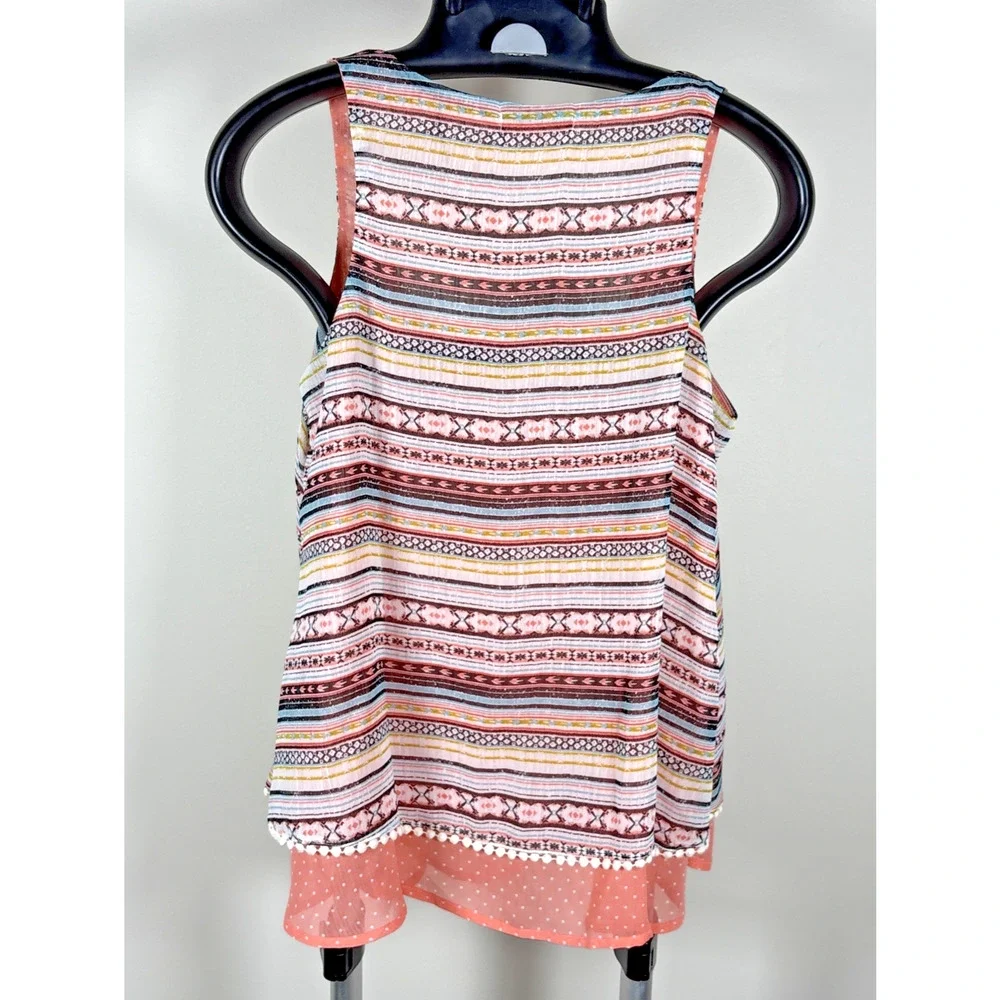 About a Girl Layered Boho Aztec Peach Polka Dot Pom Pom Hem Tank Striped Sz XS - Picture 5 of 8
